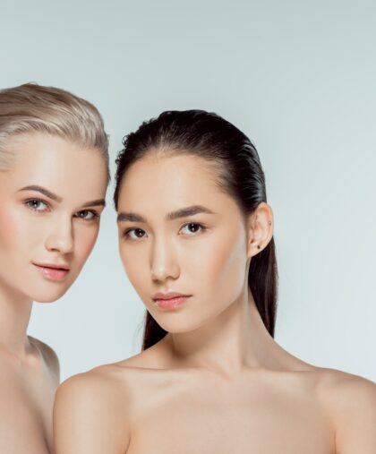 attractive nude multicultural women, isolated on grey, natural beauty